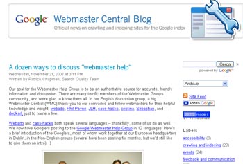 Schermata del blog webmaster central di google