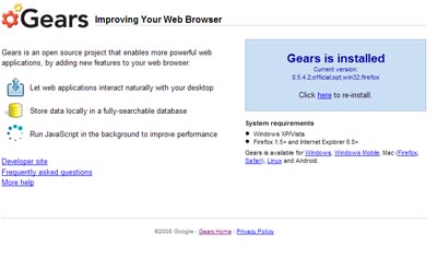 Home page di google gears